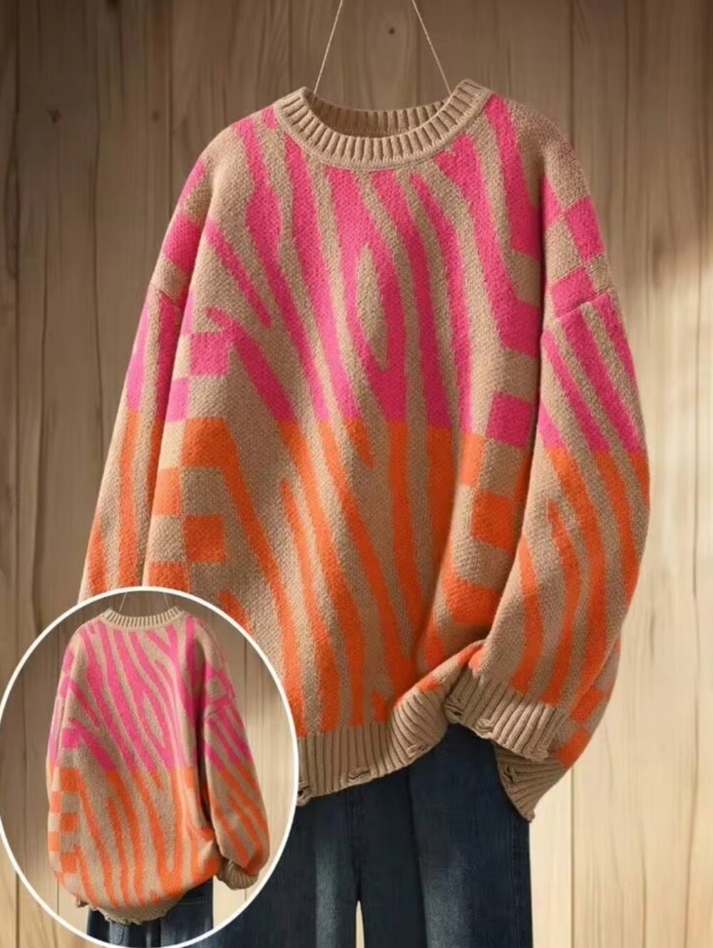 SHEIN Pink & Orange Striped/Checkered Chunky Knit Crewneck Sweater 4XL